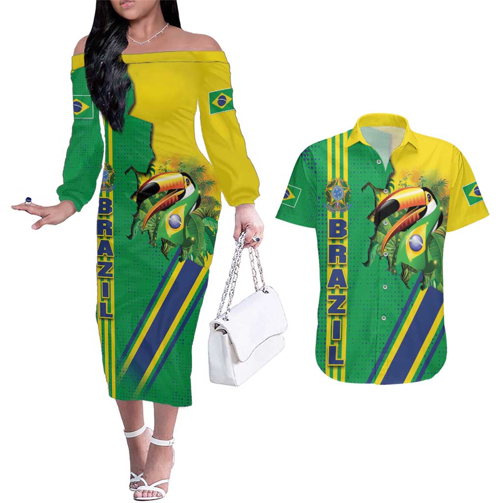 Brazil Flag Emblem Couples Matching Off The Shoulder Long Sleeve Dress and Hawaiian Shirt Toco Toucan In My Heart