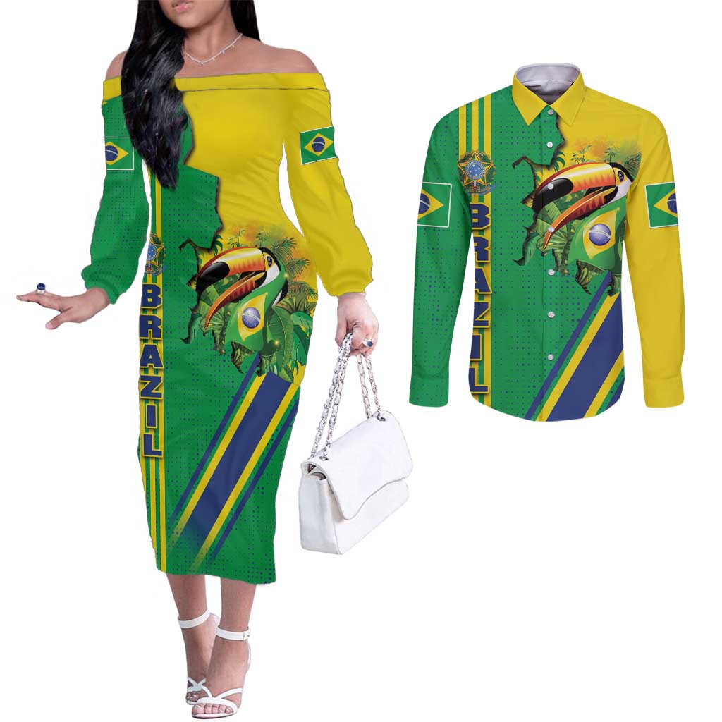 Brazil Flag Emblem Couples Matching Off The Shoulder Long Sleeve Dress and Long Sleeve Button Shirt Toco Toucan In My Heart