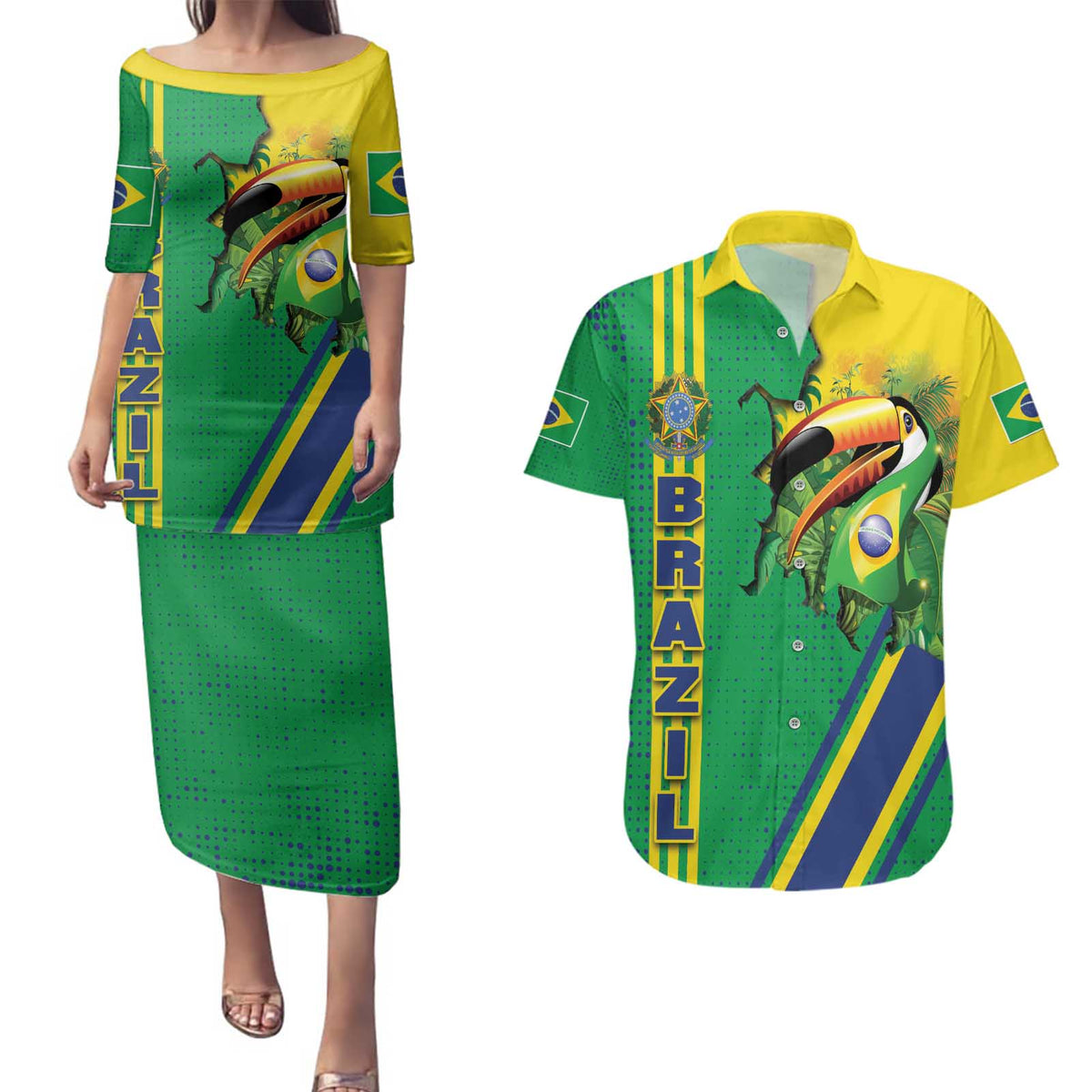 Brazil Flag Emblem Couples Matching Puletasi and Hawaiian Shirt Toco Toucan In My Heart