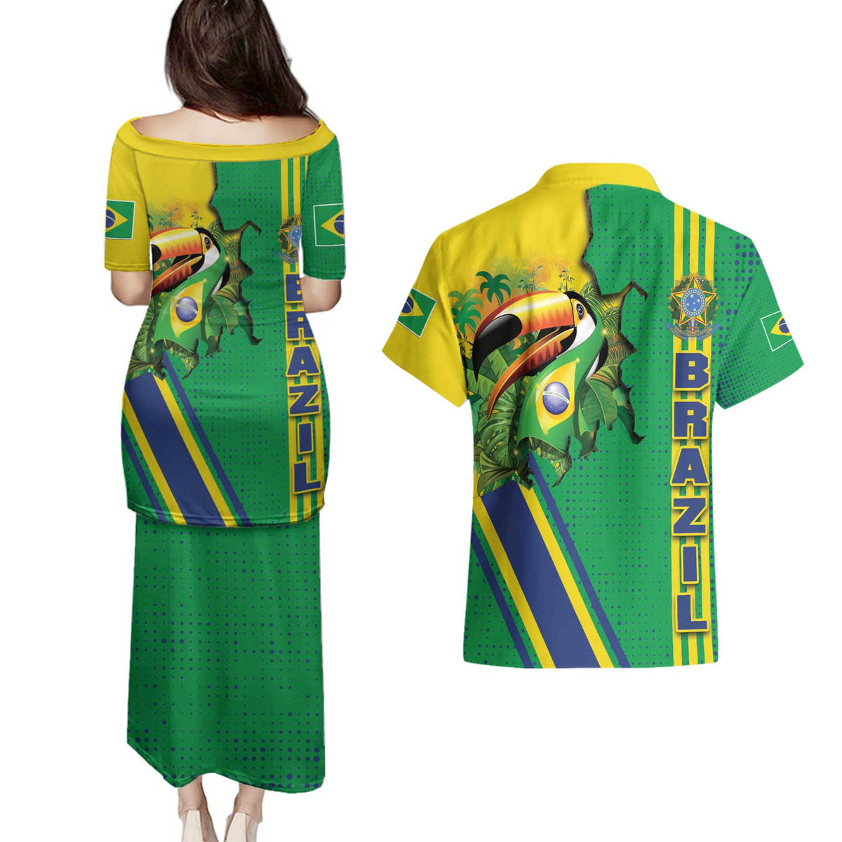 Brazil Flag Emblem Couples Matching Puletasi and Hawaiian Shirt Toco Toucan In My Heart