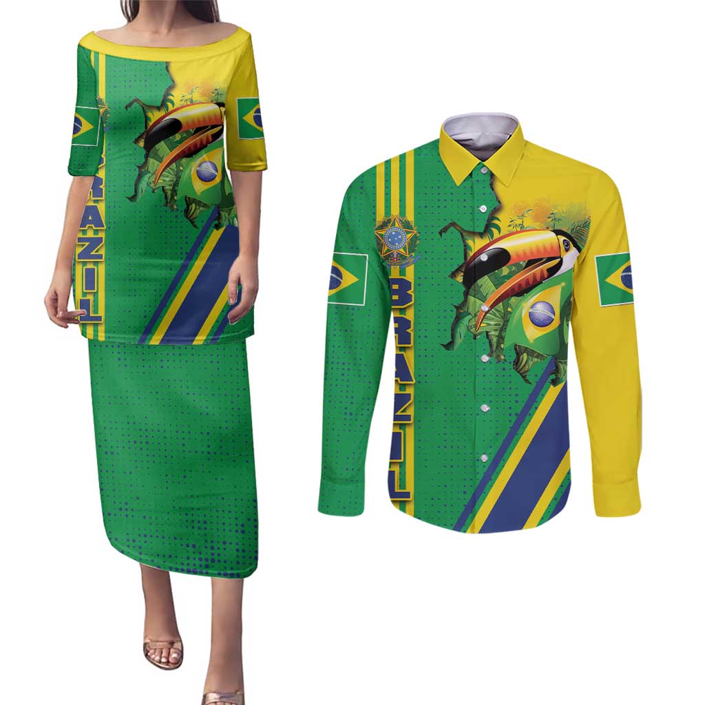 Brazil Flag Emblem Couples Matching Puletasi and Long Sleeve Button Shirt Toco Toucan In My Heart
