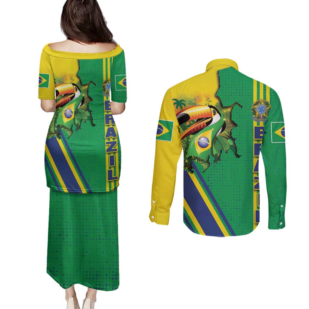 Brazil Flag Emblem Couples Matching Puletasi and Long Sleeve Button Shirt Toco Toucan In My Heart