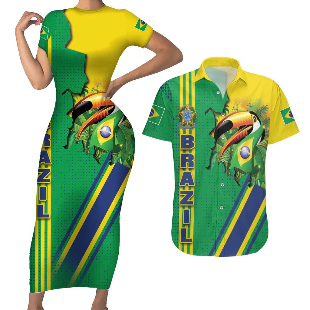 Brazil Flag Emblem Couples Matching Short Sleeve Bodycon Dress and Hawaiian Shirt Toco Toucan In My Heart