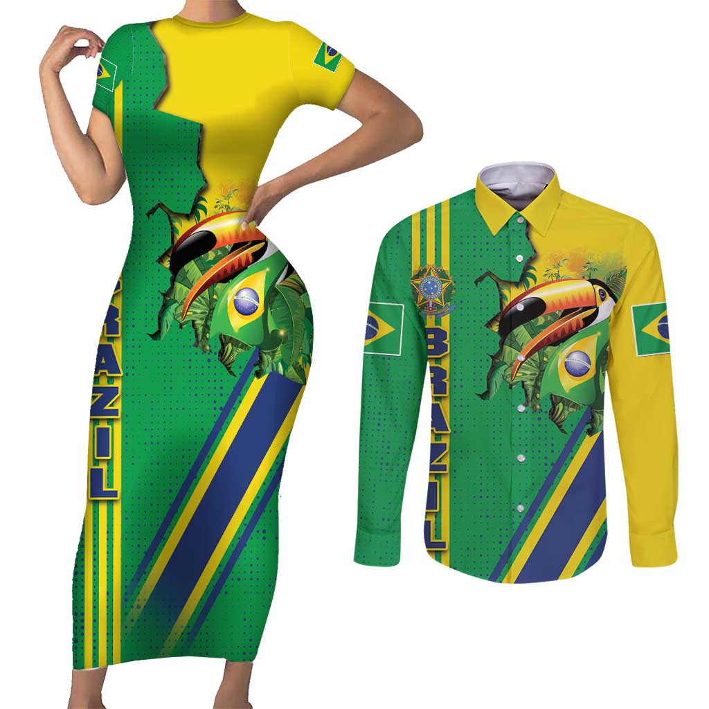 Brazil Flag Emblem Couples Matching Short Sleeve Bodycon Dress and Long Sleeve Button Shirt Toco Toucan In My Heart