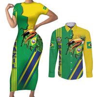Brazil Flag Emblem Couples Matching Short Sleeve Bodycon Dress and Long Sleeve Button Shirt Toco Toucan In My Heart