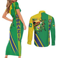 Brazil Flag Emblem Couples Matching Short Sleeve Bodycon Dress and Long Sleeve Button Shirt Toco Toucan In My Heart