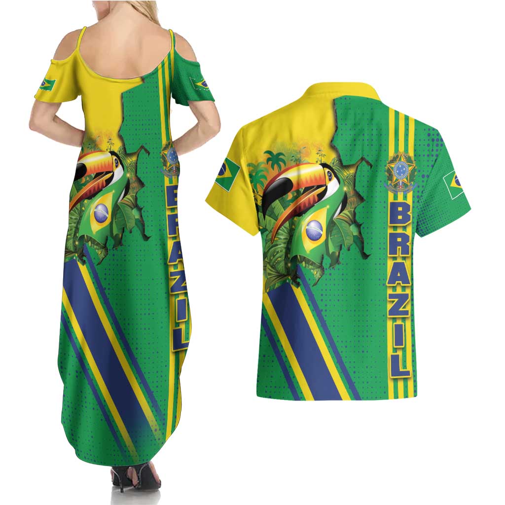 Brazil Flag Emblem Couples Matching Summer Maxi Dress and Hawaiian Shirt Toco Toucan In My Heart