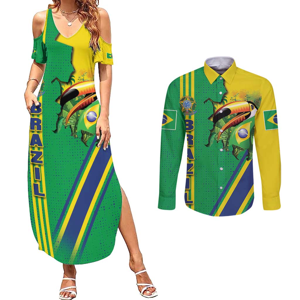 Brazil Flag Emblem Couples Matching Summer Maxi Dress and Long Sleeve Button Shirt Toco Toucan In My Heart