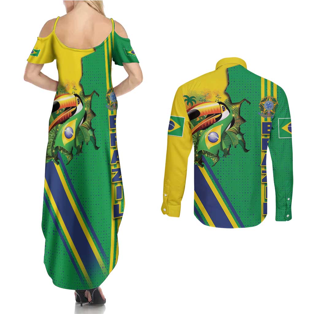 Brazil Flag Emblem Couples Matching Summer Maxi Dress and Long Sleeve Button Shirt Toco Toucan In My Heart