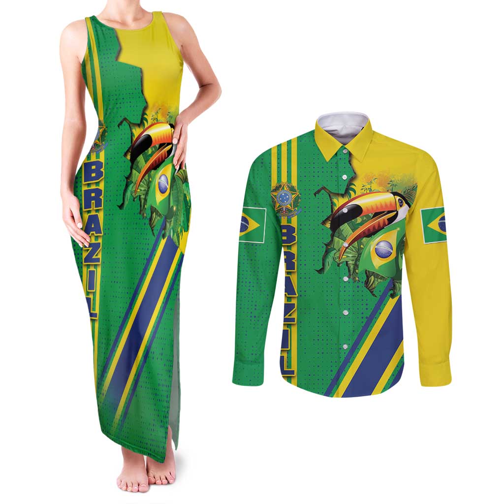 Brazil Flag Emblem Couples Matching Tank Maxi Dress and Long Sleeve Button Shirt Toco Toucan In My Heart