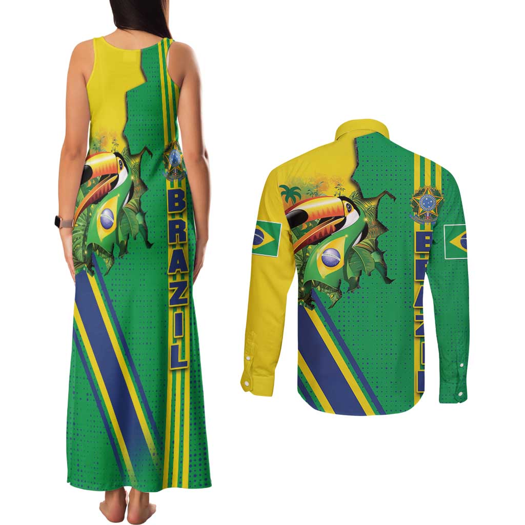 Brazil Flag Emblem Couples Matching Tank Maxi Dress and Long Sleeve Button Shirt Toco Toucan In My Heart