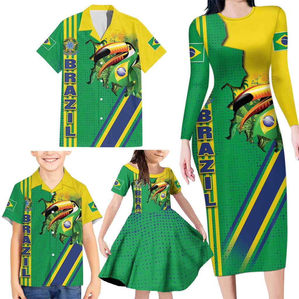 Brazil Flag Emblem Family Matching Long Sleeve Bodycon Dress and Hawaiian Shirt Toco Toucan In My Heart