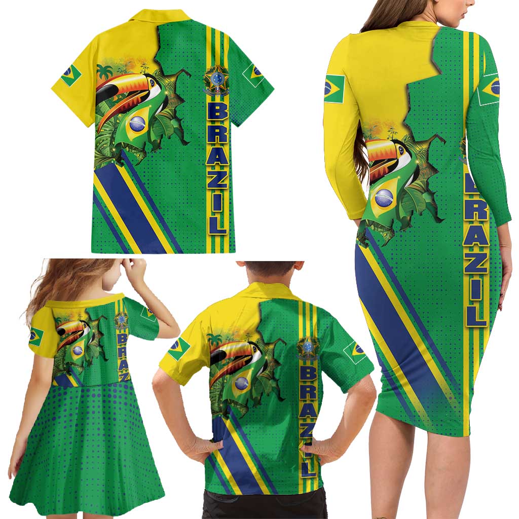Brazil Flag Emblem Family Matching Long Sleeve Bodycon Dress and Hawaiian Shirt Toco Toucan In My Heart