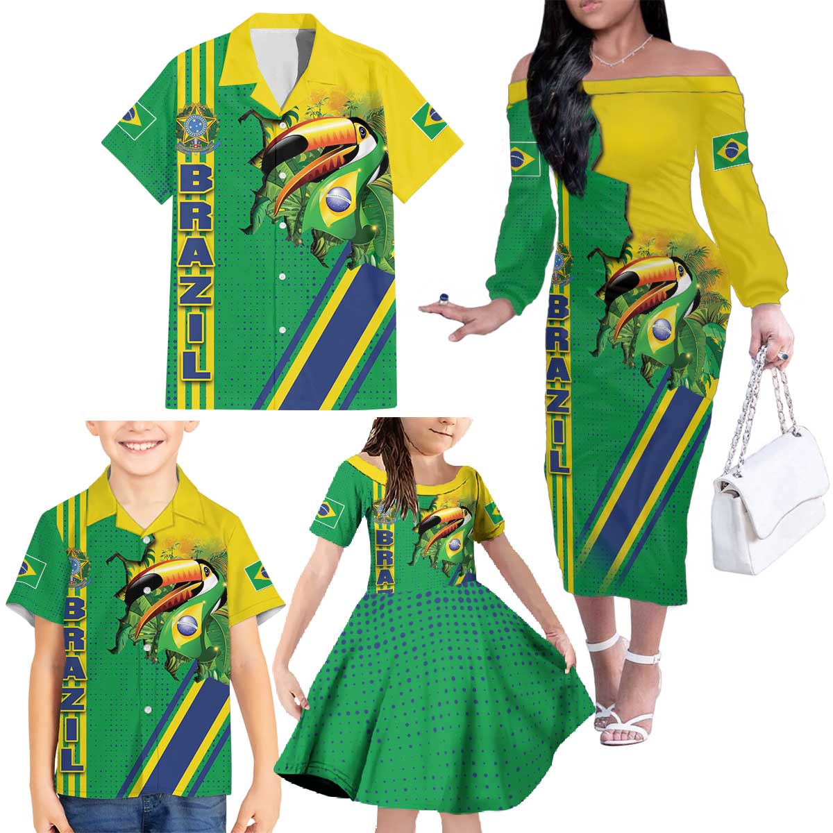 Brazil Flag Emblem Family Matching Off The Shoulder Long Sleeve Dress and Hawaiian Shirt Toco Toucan In My Heart