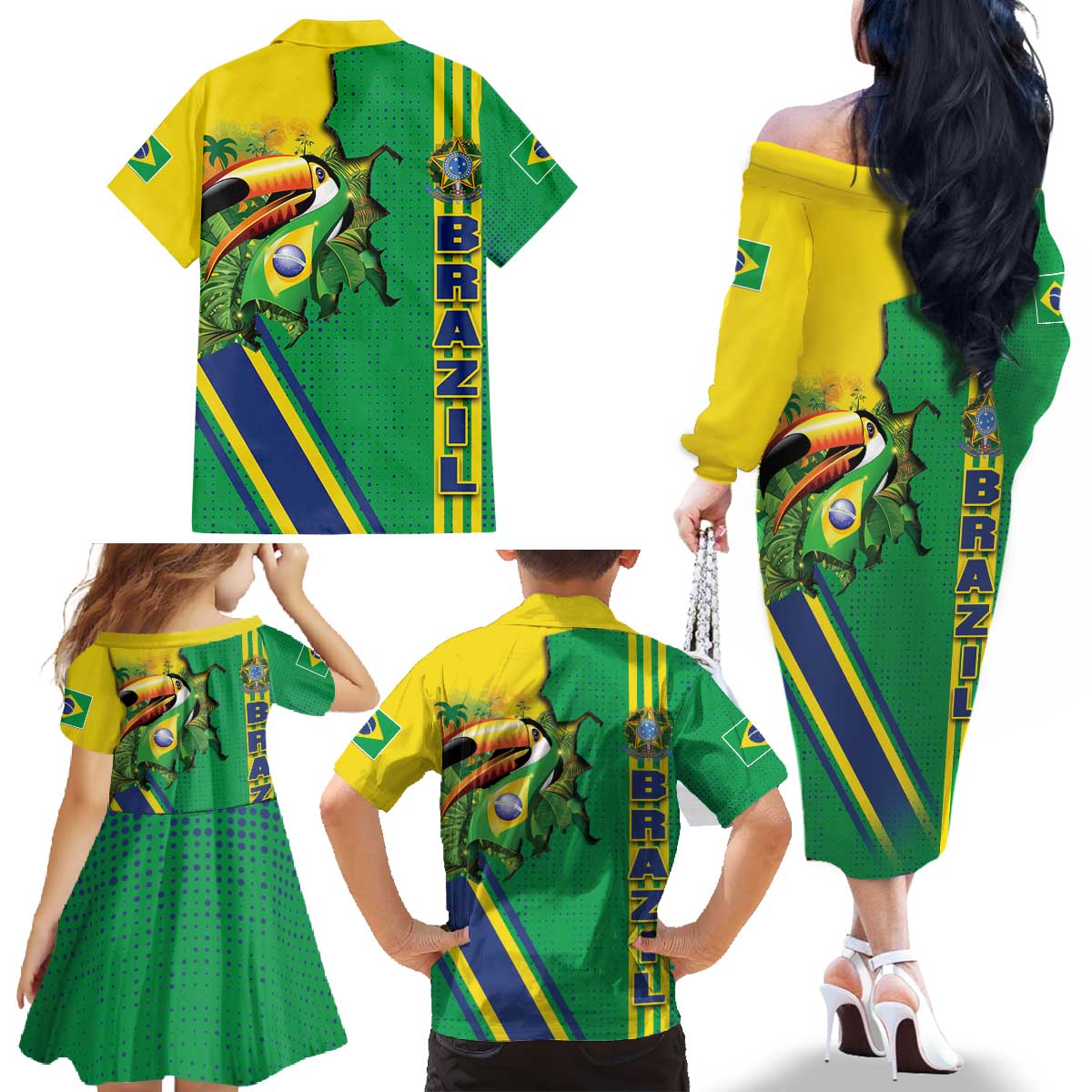 Brazil Flag Emblem Family Matching Off The Shoulder Long Sleeve Dress and Hawaiian Shirt Toco Toucan In My Heart