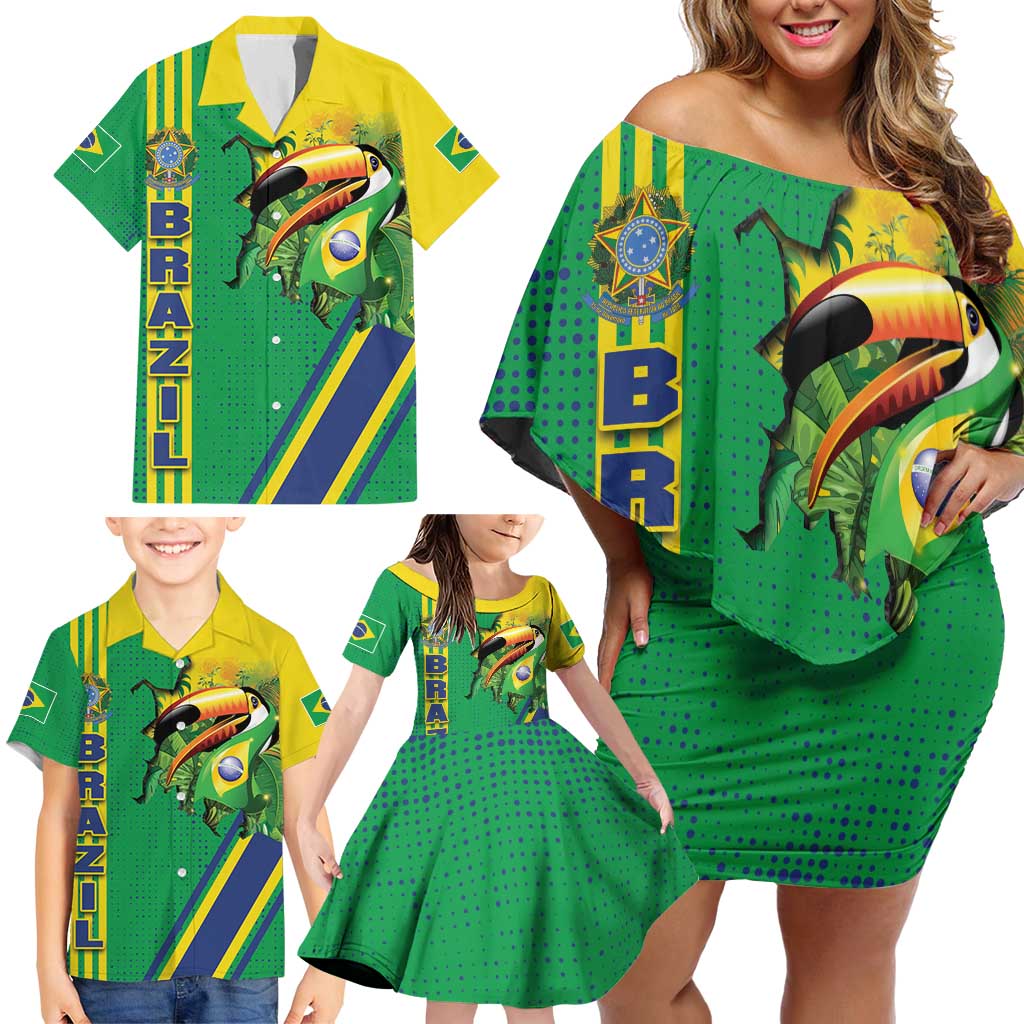 Brazil Flag Emblem Family Matching Off Shoulder Short Dress and Hawaiian Shirt Toco Toucan In My Heart