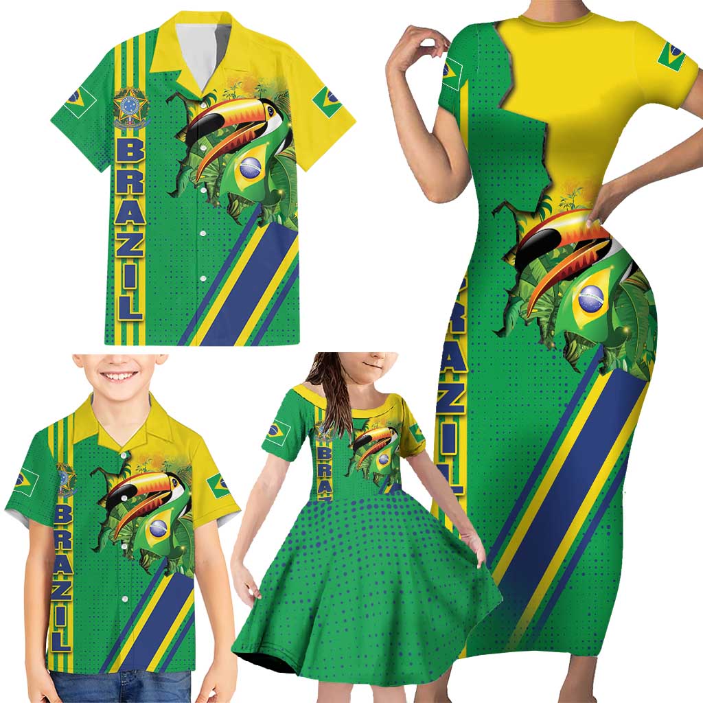Brazil Flag Emblem Family Matching Short Sleeve Bodycon Dress and Hawaiian Shirt Toco Toucan In My Heart