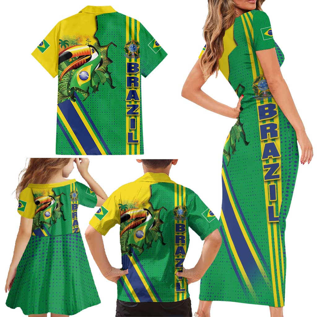 Brazil Flag Emblem Family Matching Short Sleeve Bodycon Dress and Hawaiian Shirt Toco Toucan In My Heart