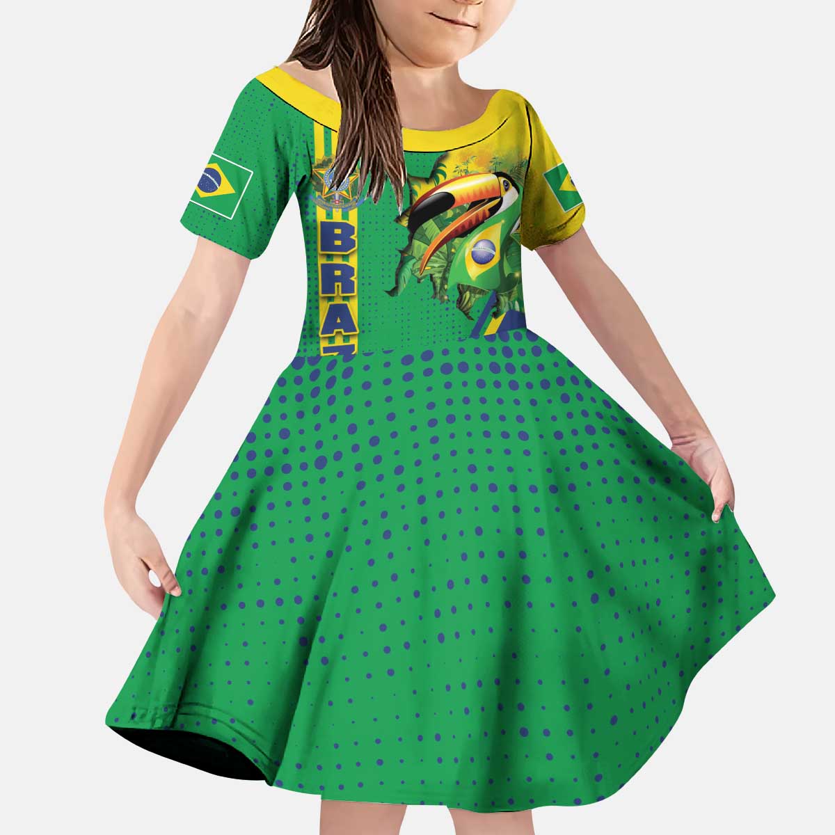 Brazil Flag Emblem Kid Short Sleeve Dress Toco Toucan In My Heart