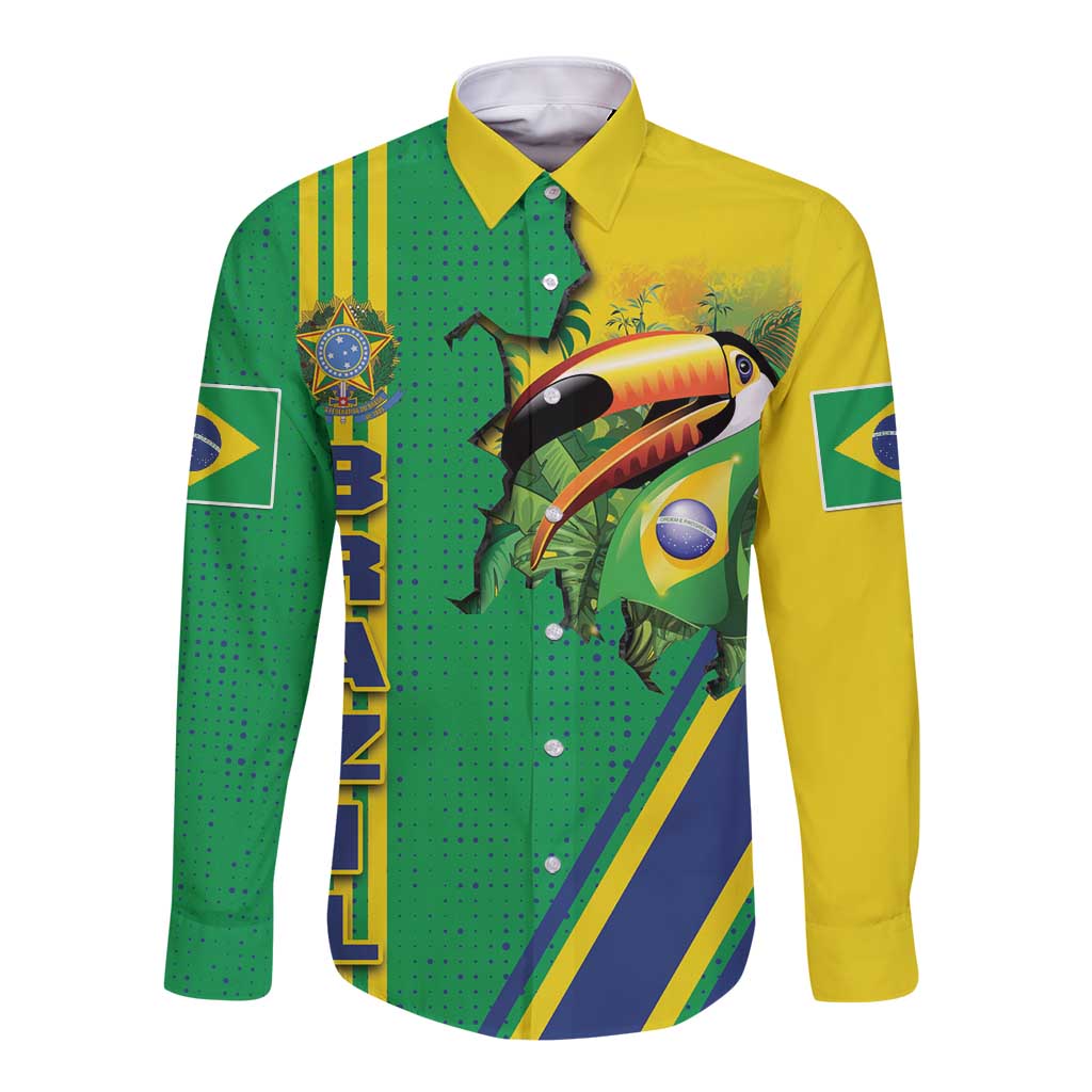 Brazil Flag Emblem Long Sleeve Button Shirt Toco Toucan In My Heart