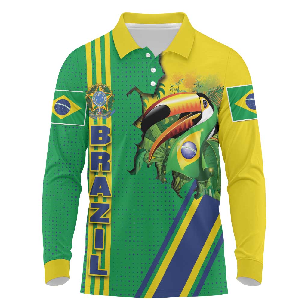 Brazil Flag Emblem Long Sleeve Polo Shirt Toco Toucan In My Heart