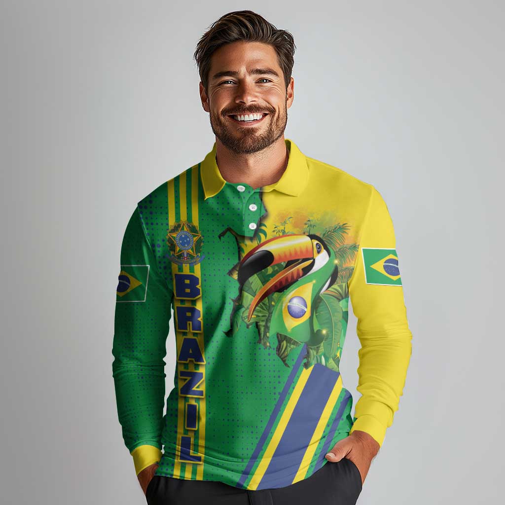 Brazil Flag Emblem Long Sleeve Polo Shirt Toco Toucan In My Heart
