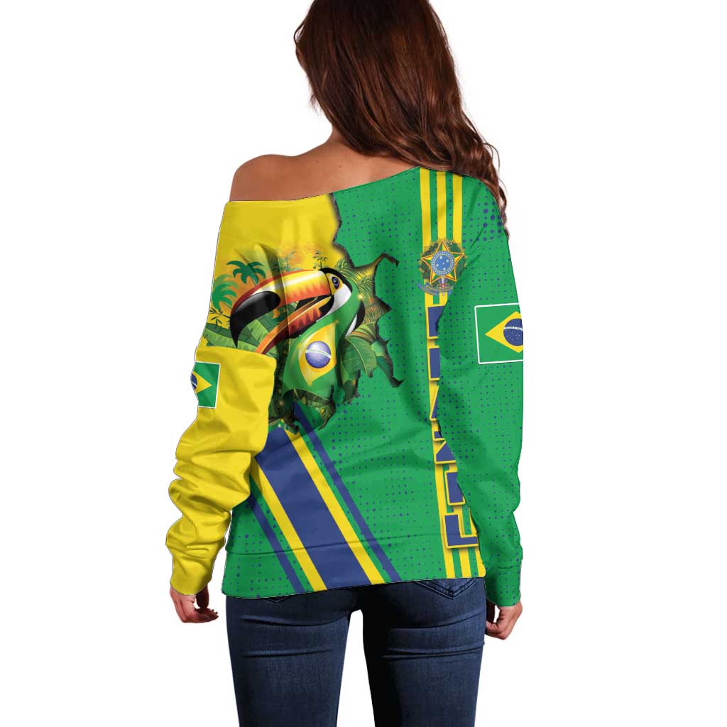 Brazil Flag Emblem Off Shoulder Sweater Toco Toucan In My Heart