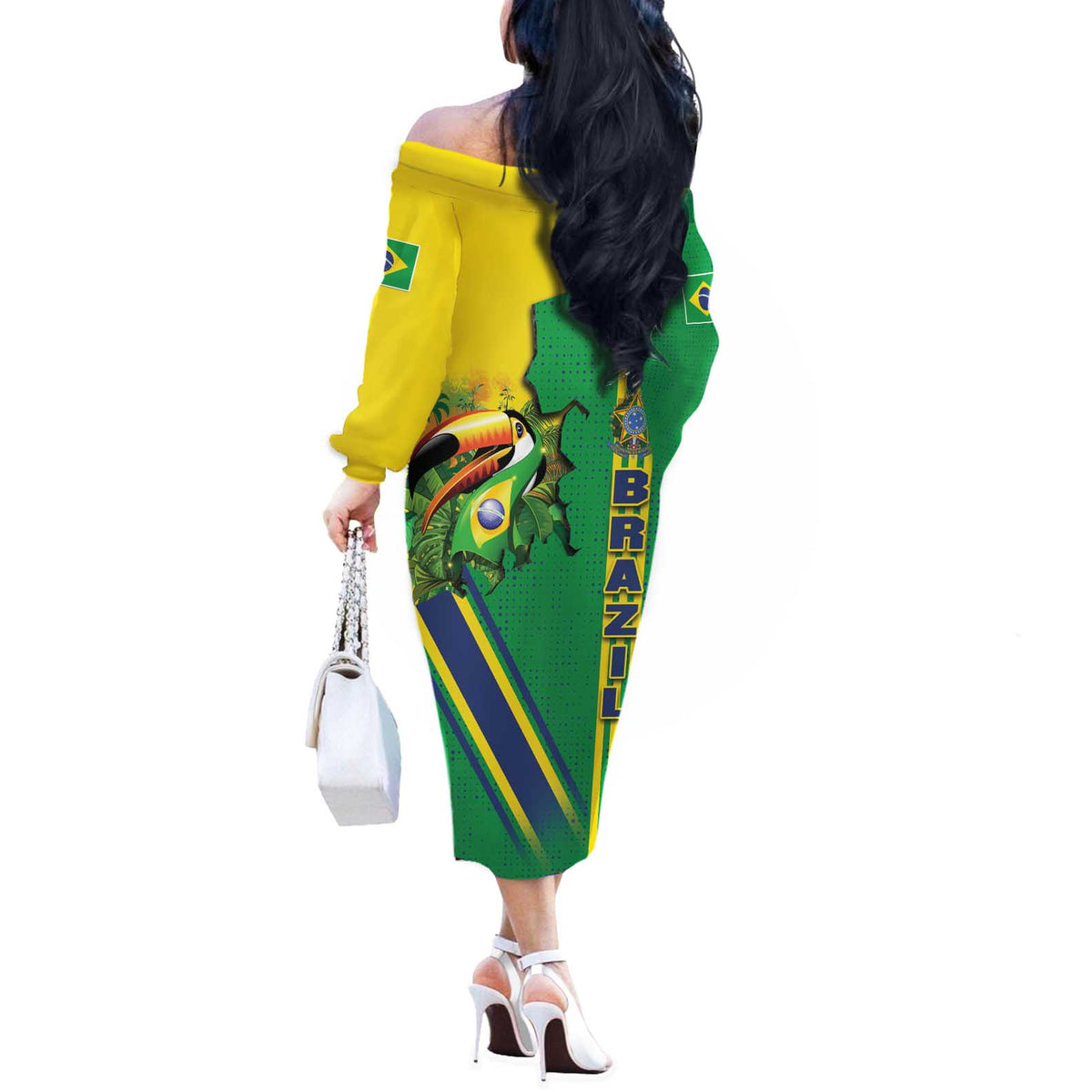 Brazil Flag Emblem Off The Shoulder Long Sleeve Dress Toco Toucan In My Heart