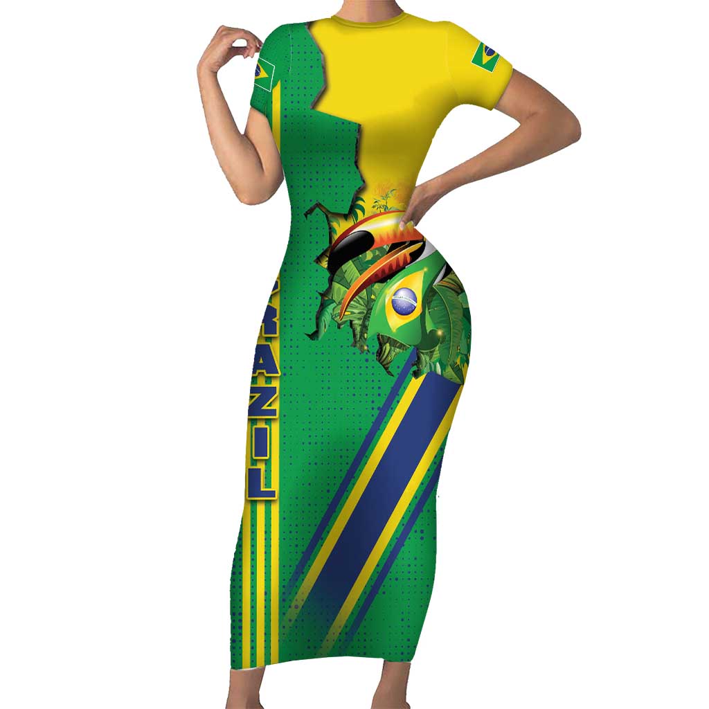 Brazil Flag Emblem Short Sleeve Bodycon Dress Toco Toucan In My Heart