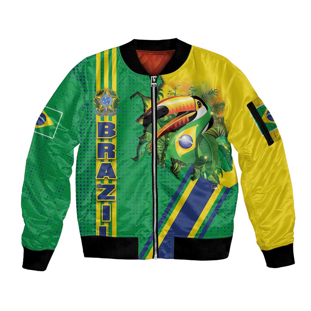 Brazil Flag Emblem Sleeve Zip Bomber Jacket Toco Toucan In My Heart
