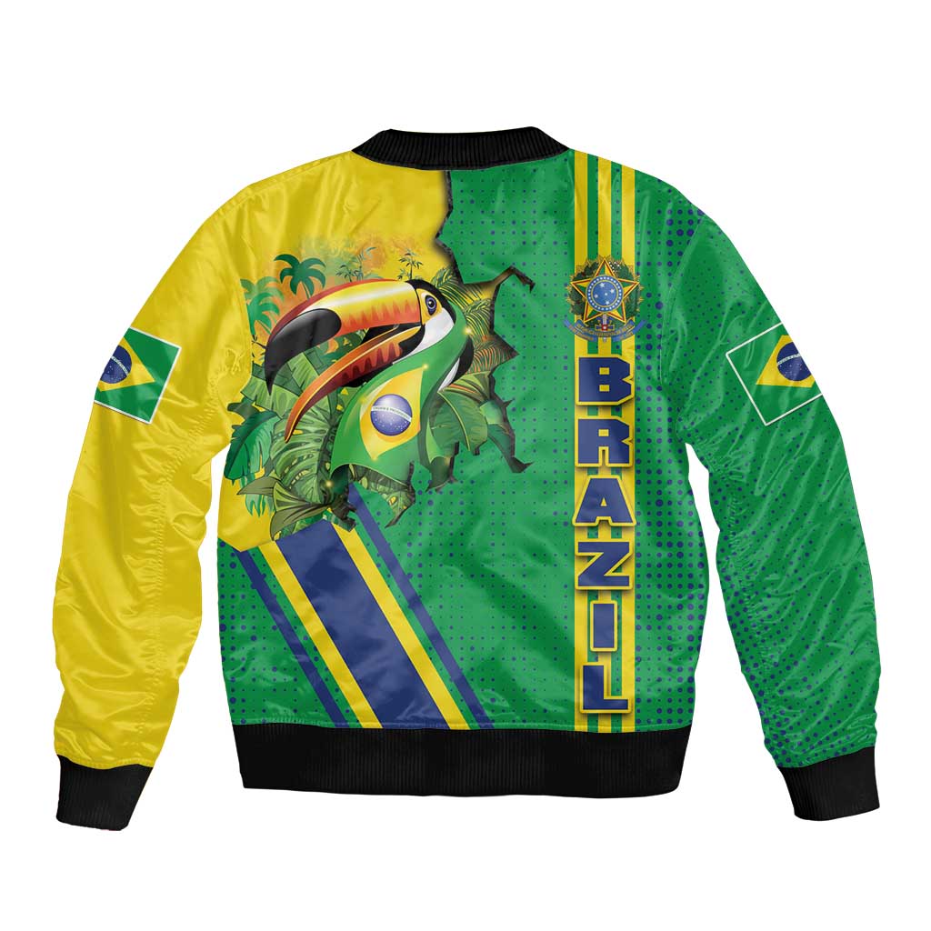Brazil Flag Emblem Sleeve Zip Bomber Jacket Toco Toucan In My Heart