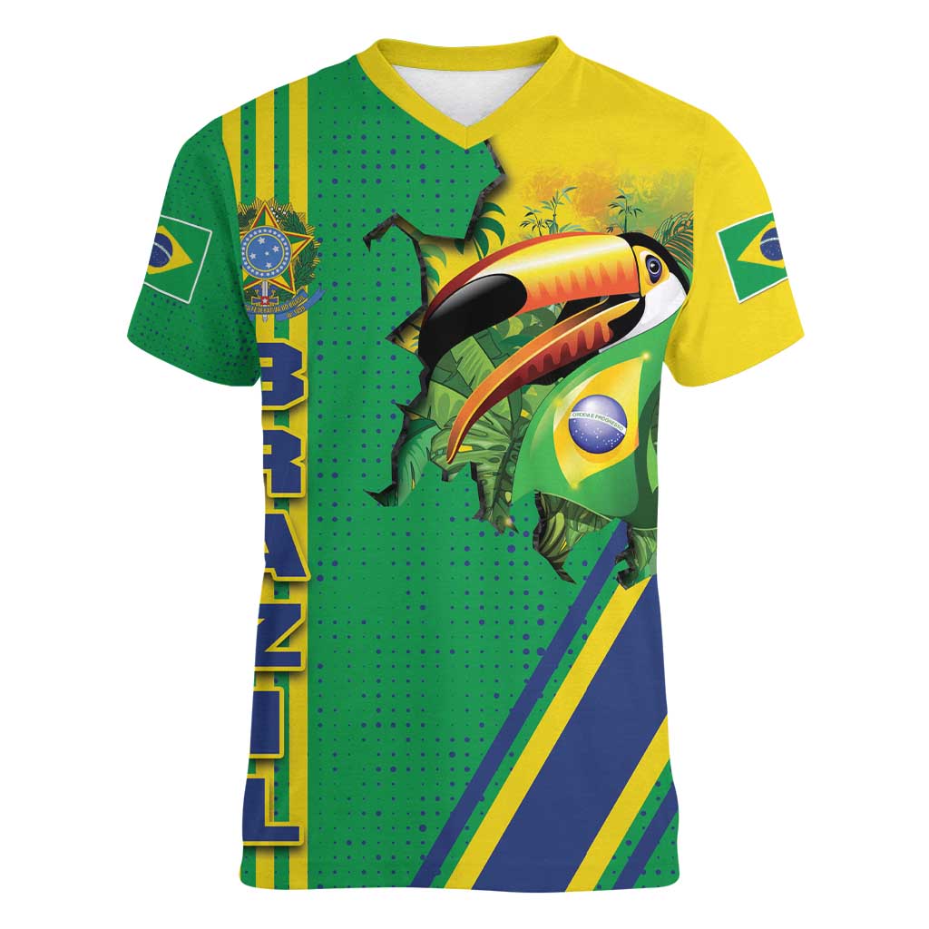 Brazil Flag Emblem Women V-Neck T-Shirt Toco Toucan In My Heart