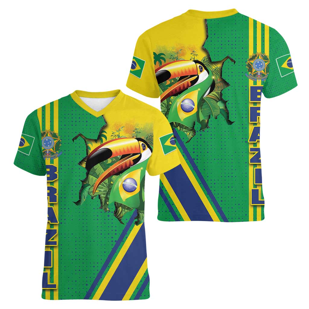 Brazil Flag Emblem Women V-Neck T-Shirt Toco Toucan In My Heart