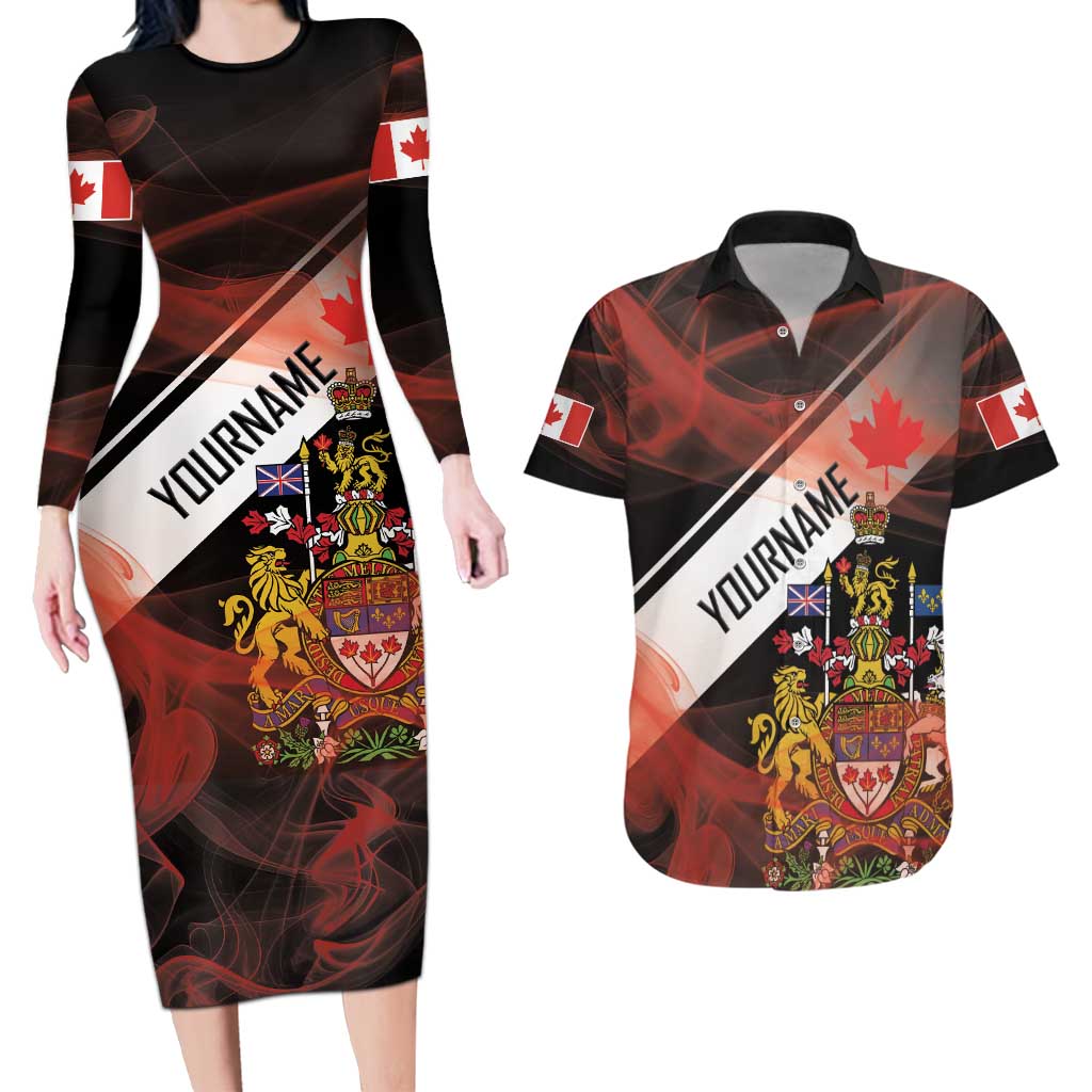 Canada Flag Coat of Arms Couples Matching Long Sleeve Bodycon Dress and Hawaiian Shirt Light Wave Abstract Style