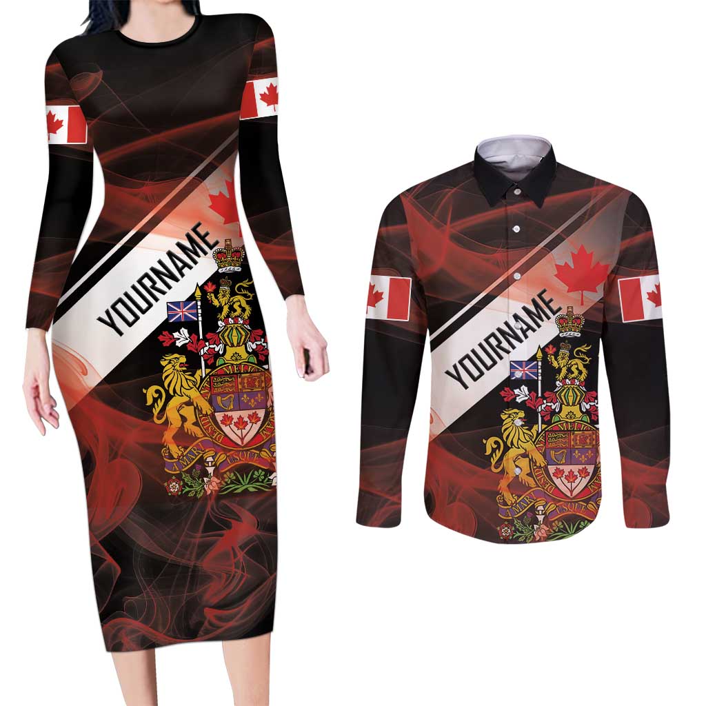 Canada Flag Coat of Arms Couples Matching Long Sleeve Bodycon Dress and Long Sleeve Button Shirt Light Wave Abstract Style