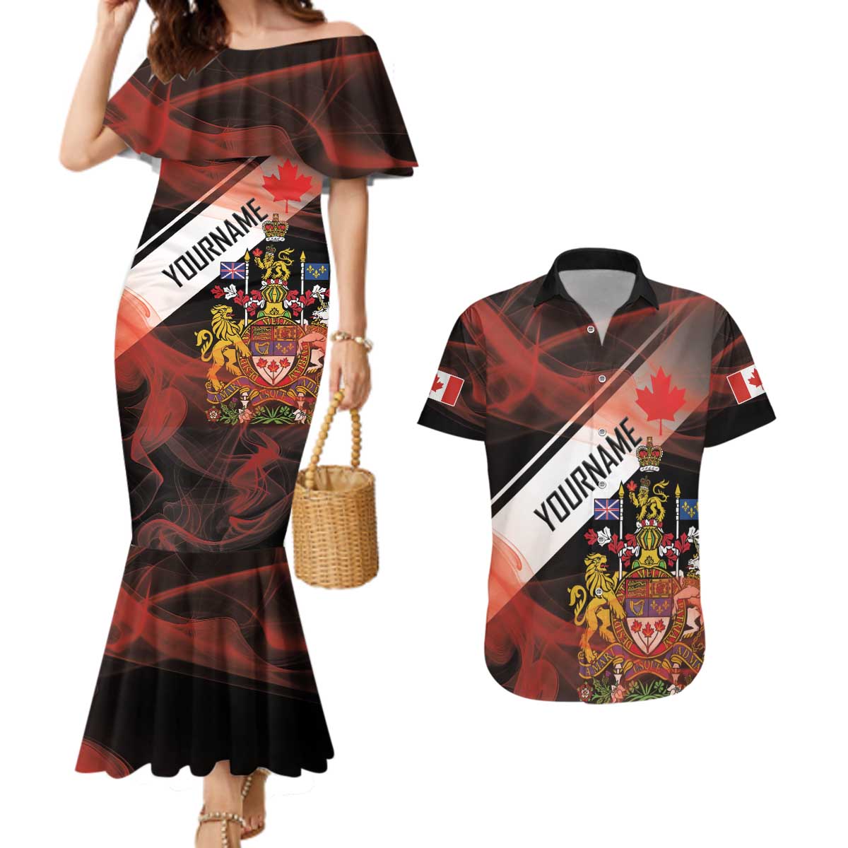 Canada Flag Coat of Arms Couples Matching Mermaid Dress and Hawaiian Shirt Light Wave Abstract Style