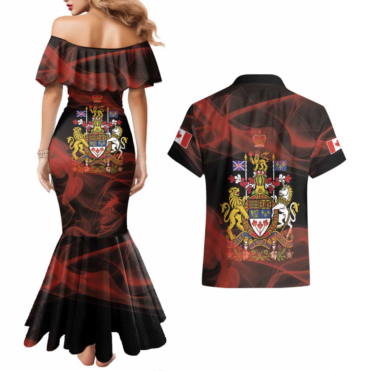 Canada Flag Coat of Arms Couples Matching Mermaid Dress and Hawaiian Shirt Light Wave Abstract Style