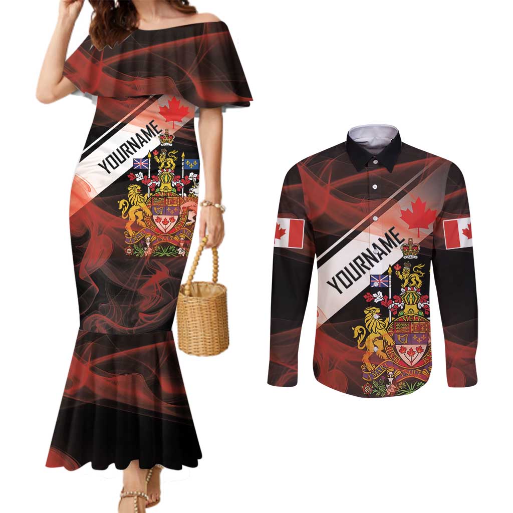 Canada Flag Coat of Arms Couples Matching Mermaid Dress and Long Sleeve Button Shirt Light Wave Abstract Style