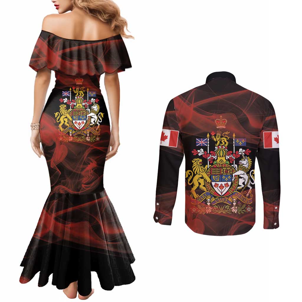 Canada Flag Coat of Arms Couples Matching Mermaid Dress and Long Sleeve Button Shirt Light Wave Abstract Style
