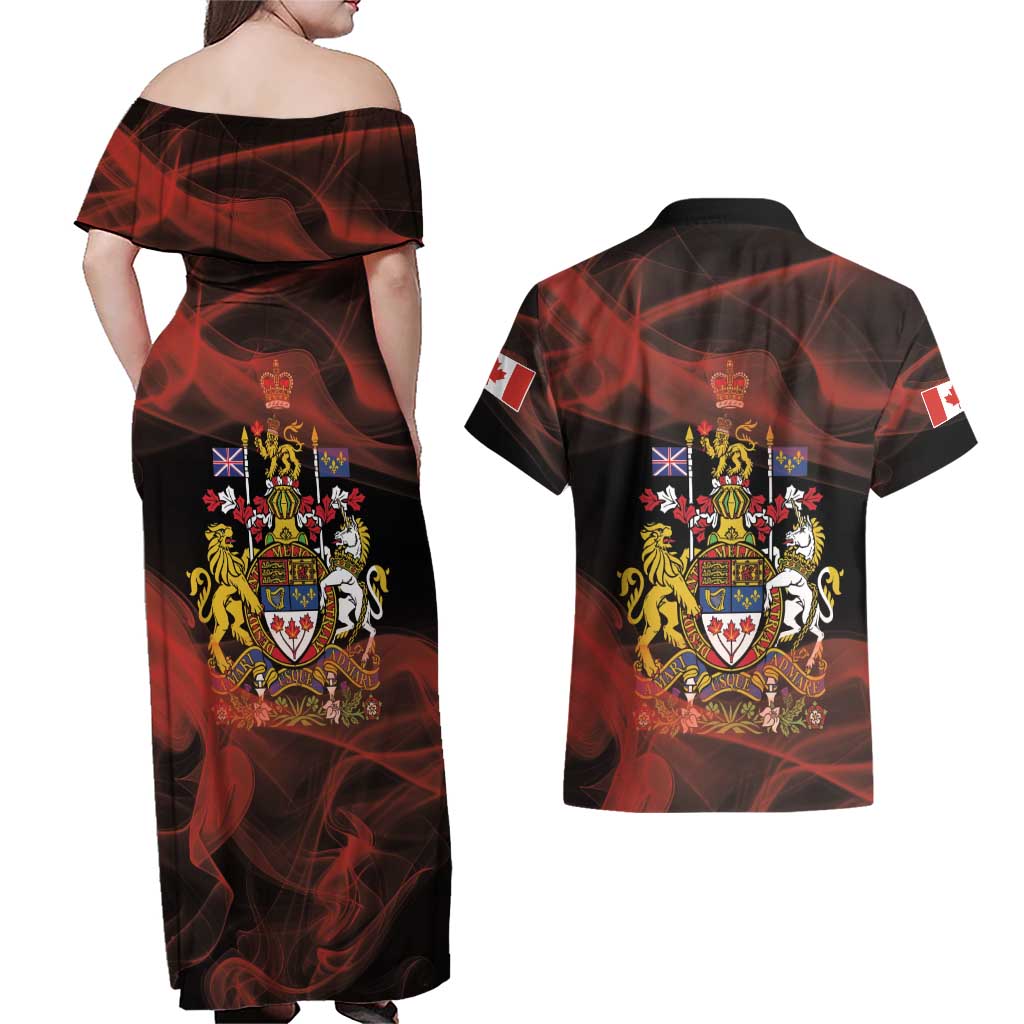 Canada Flag Coat of Arms Couples Matching Off Shoulder Maxi Dress and Hawaiian Shirt Light Wave Abstract Style