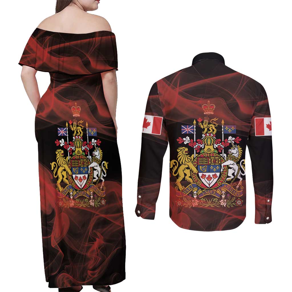 Canada Flag Coat of Arms Couples Matching Off Shoulder Maxi Dress and Long Sleeve Button Shirt Light Wave Abstract Style