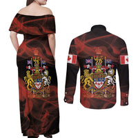 Canada Flag Coat of Arms Couples Matching Off Shoulder Maxi Dress and Long Sleeve Button Shirt Light Wave Abstract Style