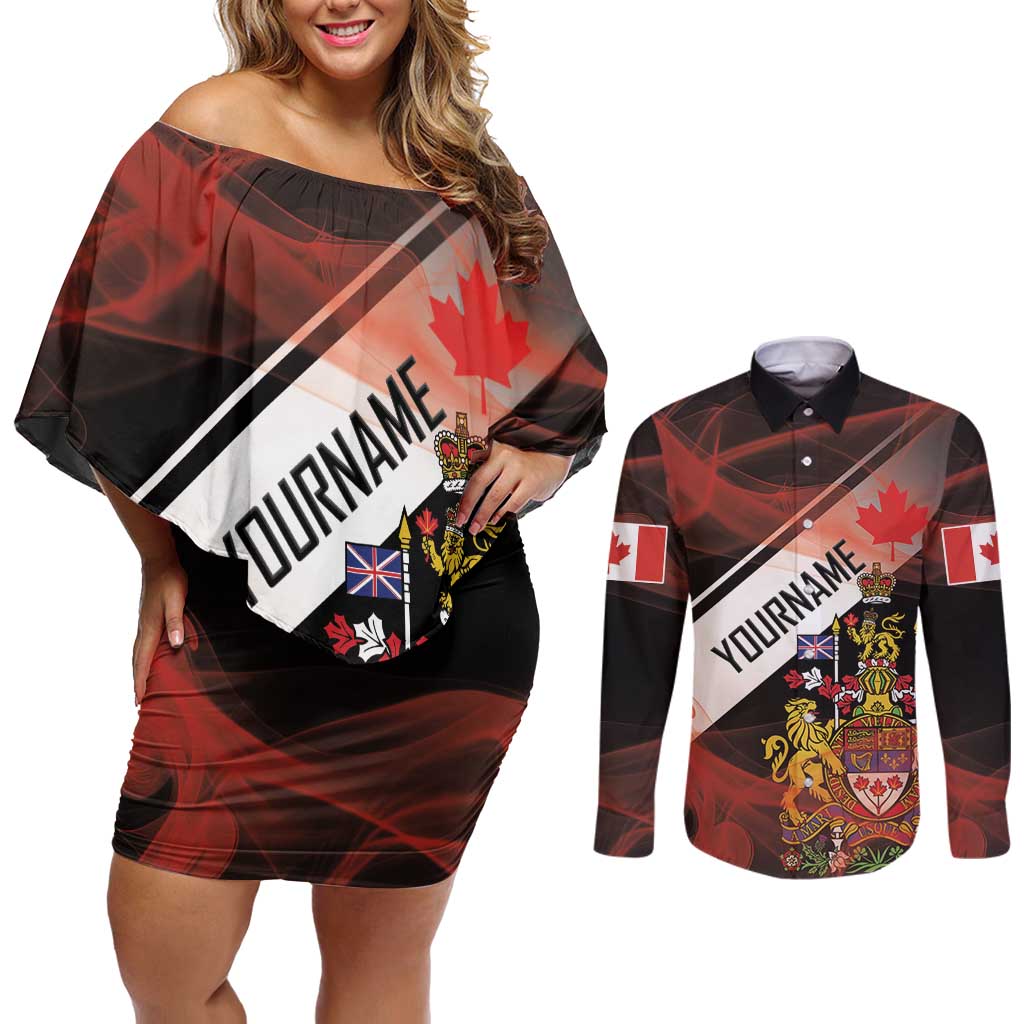 Canada Flag Coat of Arms Couples Matching Off Shoulder Short Dress and Long Sleeve Button Shirt Light Wave Abstract Style