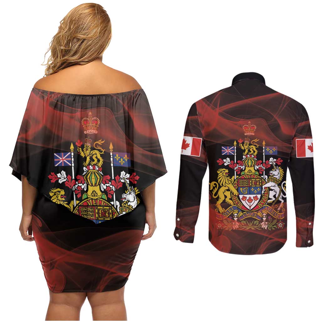 Canada Flag Coat of Arms Couples Matching Off Shoulder Short Dress and Long Sleeve Button Shirt Light Wave Abstract Style