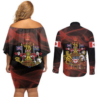 Canada Flag Coat of Arms Couples Matching Off Shoulder Short Dress and Long Sleeve Button Shirt Light Wave Abstract Style