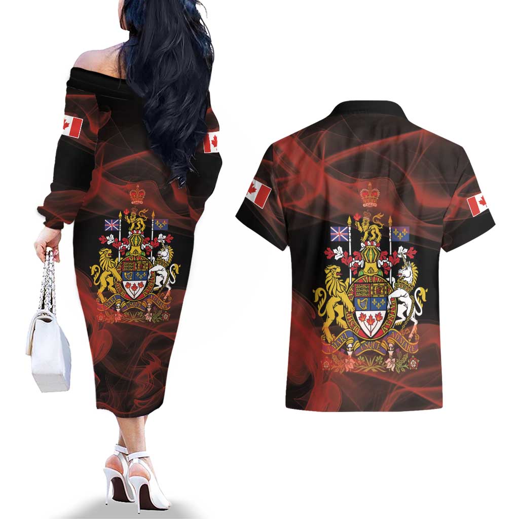 Canada Flag Coat of Arms Couples Matching Off The Shoulder Long Sleeve Dress and Hawaiian Shirt Light Wave Abstract Style