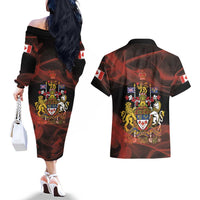 Canada Flag Coat of Arms Couples Matching Off The Shoulder Long Sleeve Dress and Hawaiian Shirt Light Wave Abstract Style