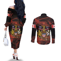 Canada Flag Coat of Arms Couples Matching Off The Shoulder Long Sleeve Dress and Long Sleeve Button Shirt Light Wave Abstract Style
