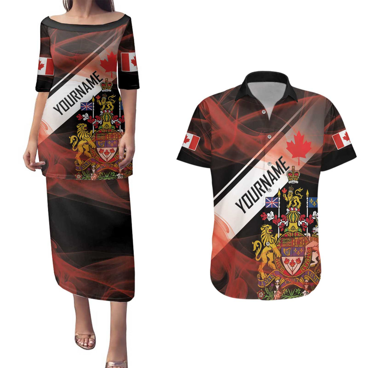 Canada Flag Coat of Arms Couples Matching Puletasi and Hawaiian Shirt Light Wave Abstract Style