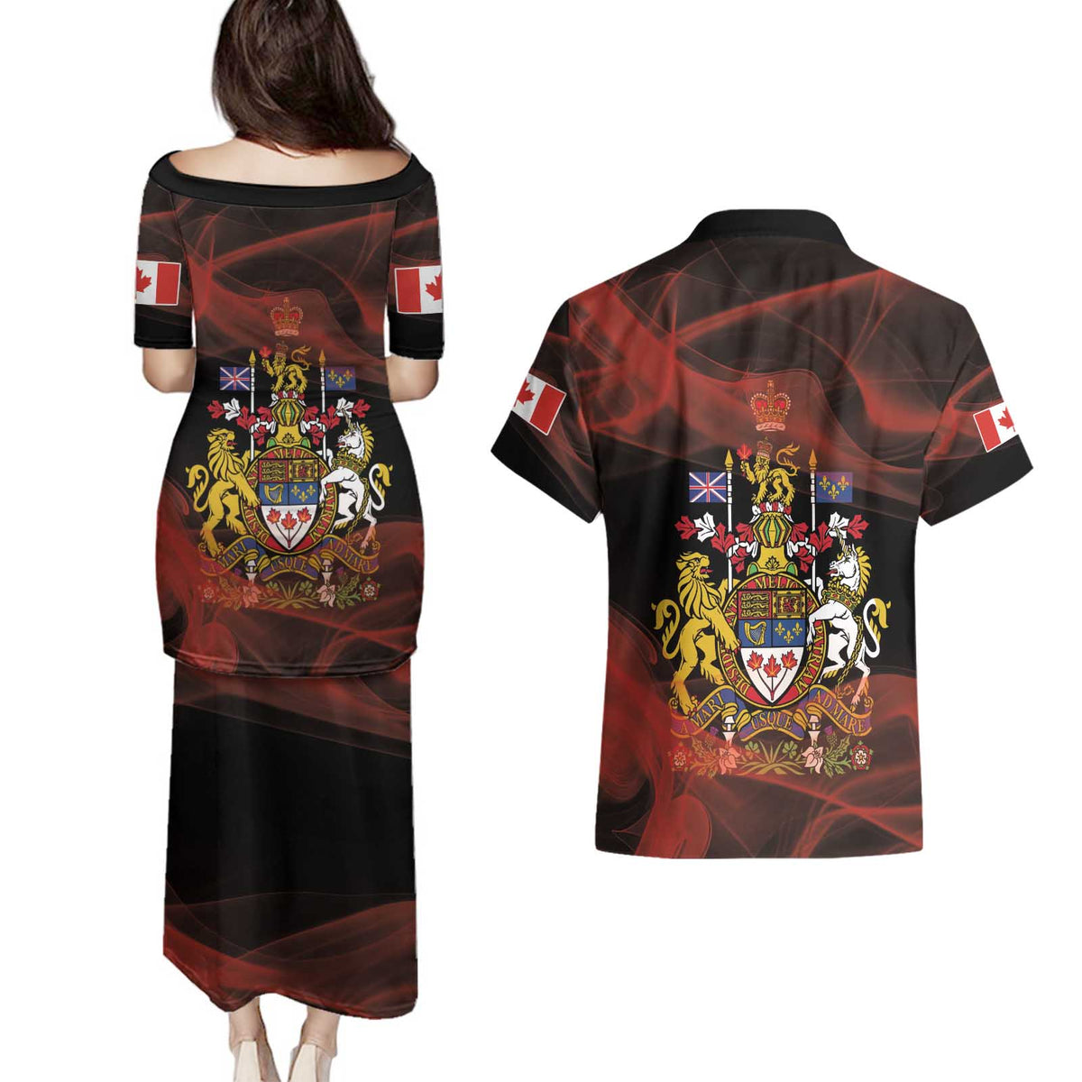 Canada Flag Coat of Arms Couples Matching Puletasi and Hawaiian Shirt Light Wave Abstract Style
